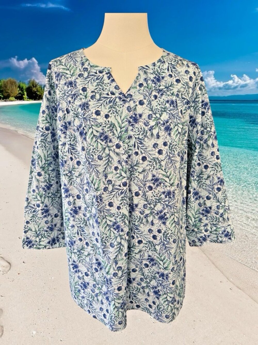 Denim & Co. Floral 3/4 Sleeve Notched V-Neck Blouse-Size Large-NWOT